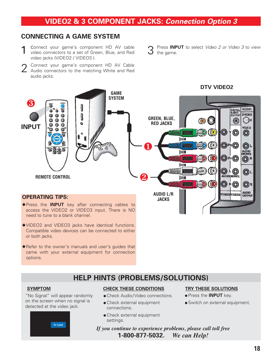 Connection option 3, Video2 & 3 component jacks, Help hints (problems/solutions) | Sanyo DP19647 User Manual | Page 18 / 46