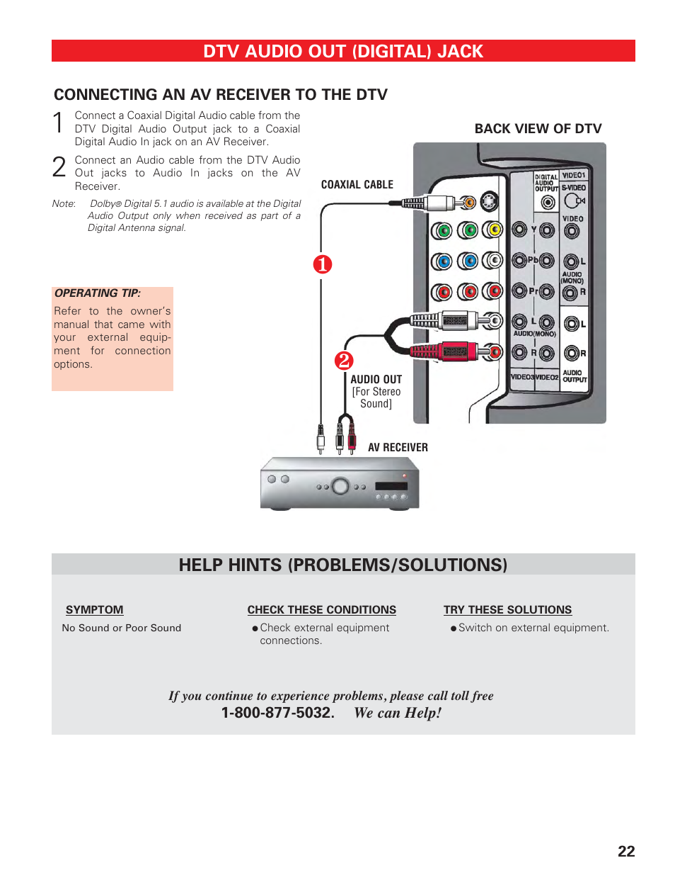 Dtv audio out (digital) jack, Help hints (problems/solutions) | Sanyo DP19647 User Manual | Page 22 / 46