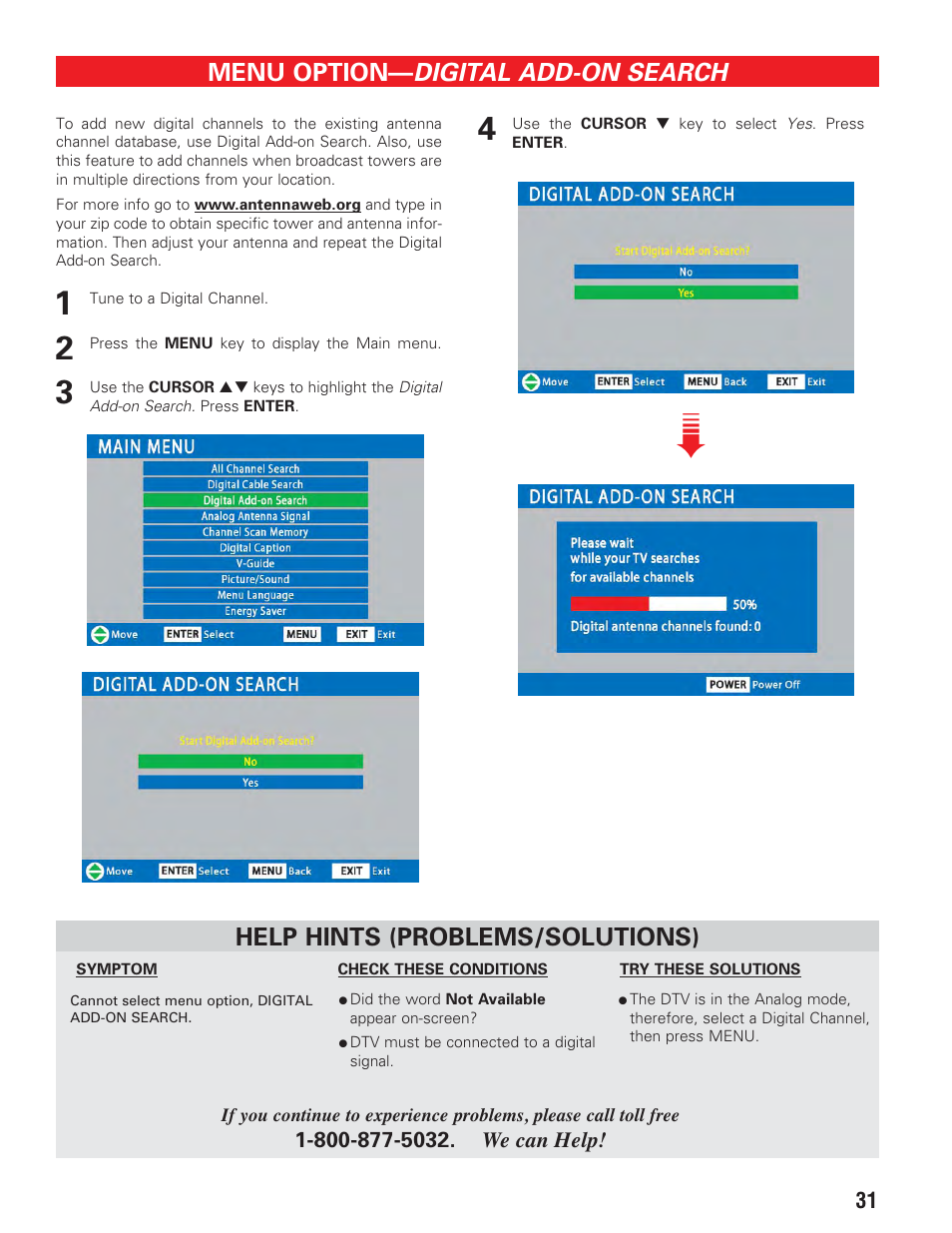 Digital add-on search, Menu option, Help hints (problems/solutions) | Sanyo DP19647 User Manual | Page 31 / 46