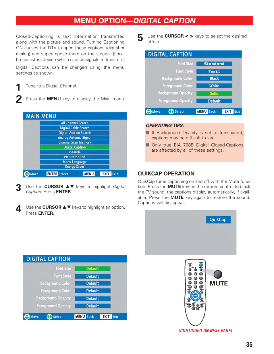 Digital caption, Menu option | Sanyo DP19647 User Manual | Page 35 / 46