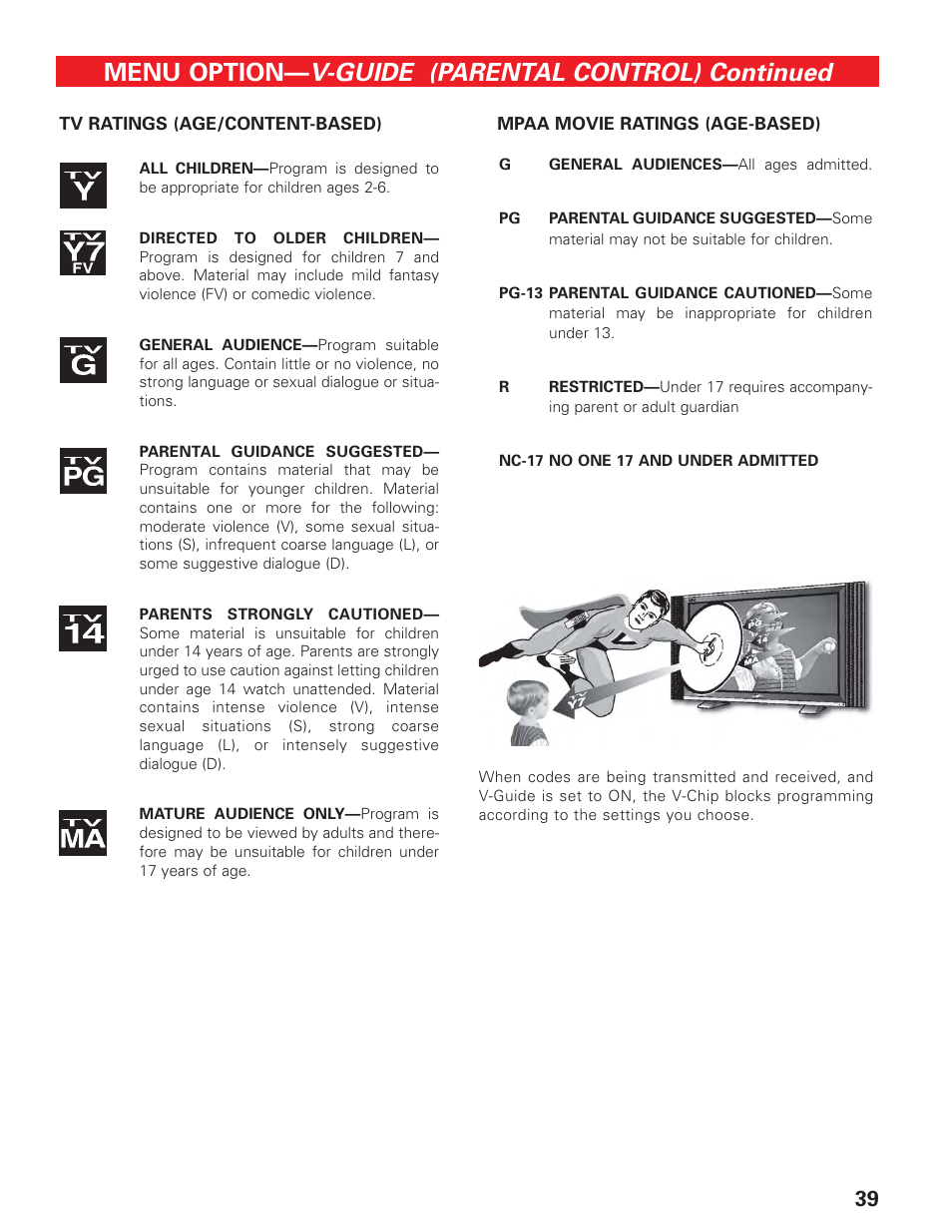 V-guide (parental control) continued, Menu option | Sanyo DP19647 User Manual | Page 39 / 46