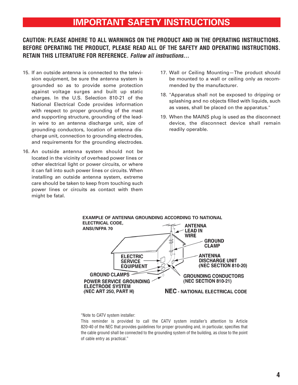 Important safety instructions | Sanyo DP19647 User Manual | Page 4 / 46