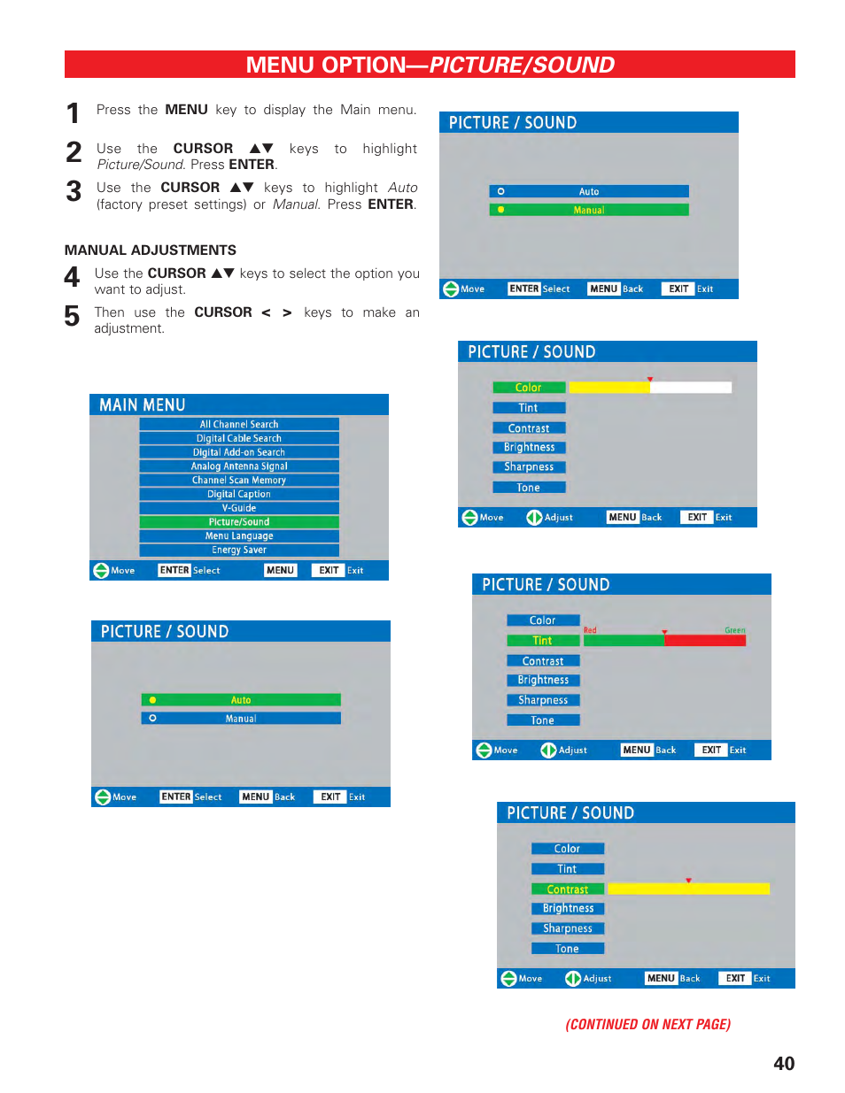 Picture/sound, Menu option | Sanyo DP19647 User Manual | Page 40 / 46