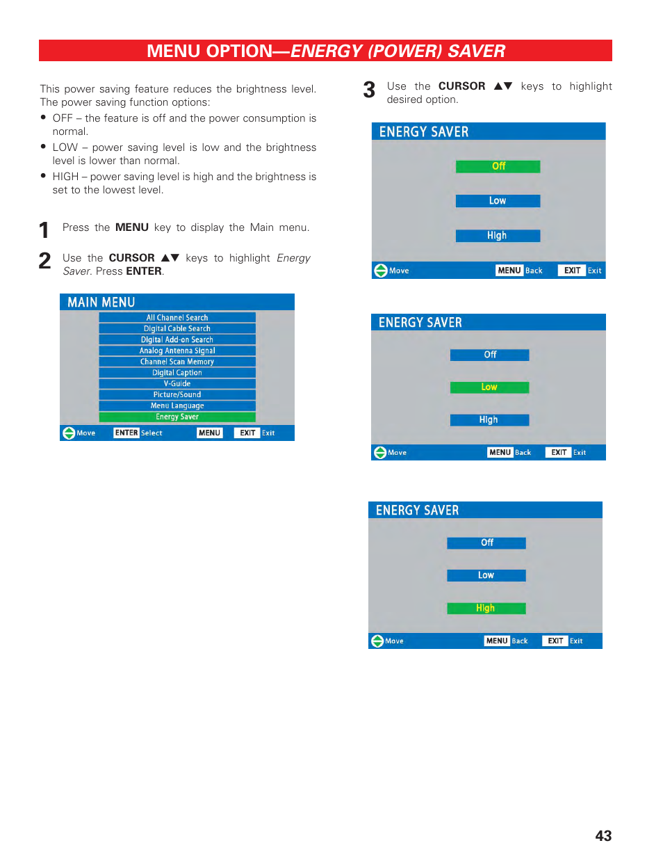 Energy (power) saver, Menu option | Sanyo DP19647 User Manual | Page 43 / 46