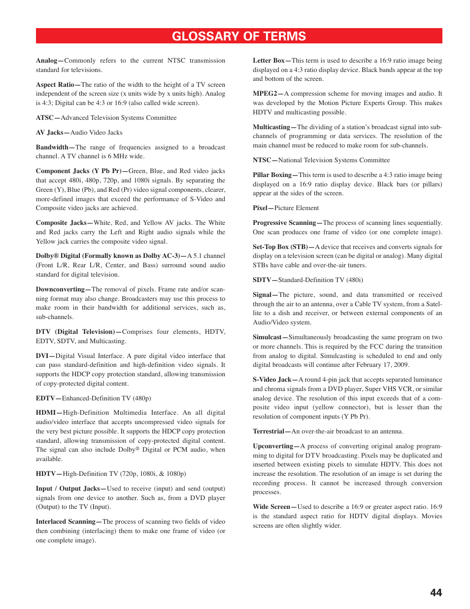 Glossary of terms | Sanyo DP19647 User Manual | Page 44 / 46