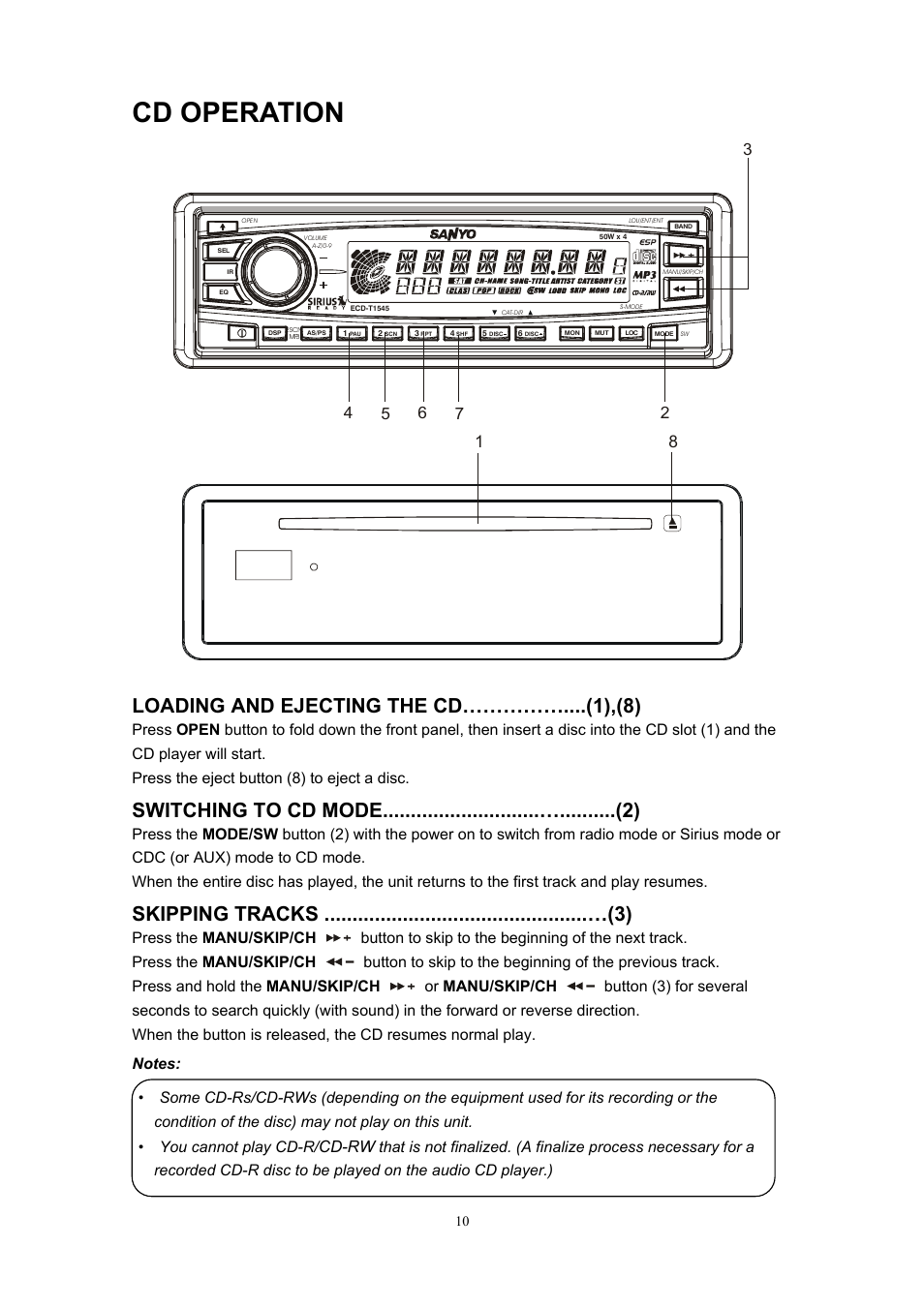 Cd operation, Loading and ejecting the cd……………....(1),(8) | Sanyo ECD-T1545 User Manual | Page 13 / 32