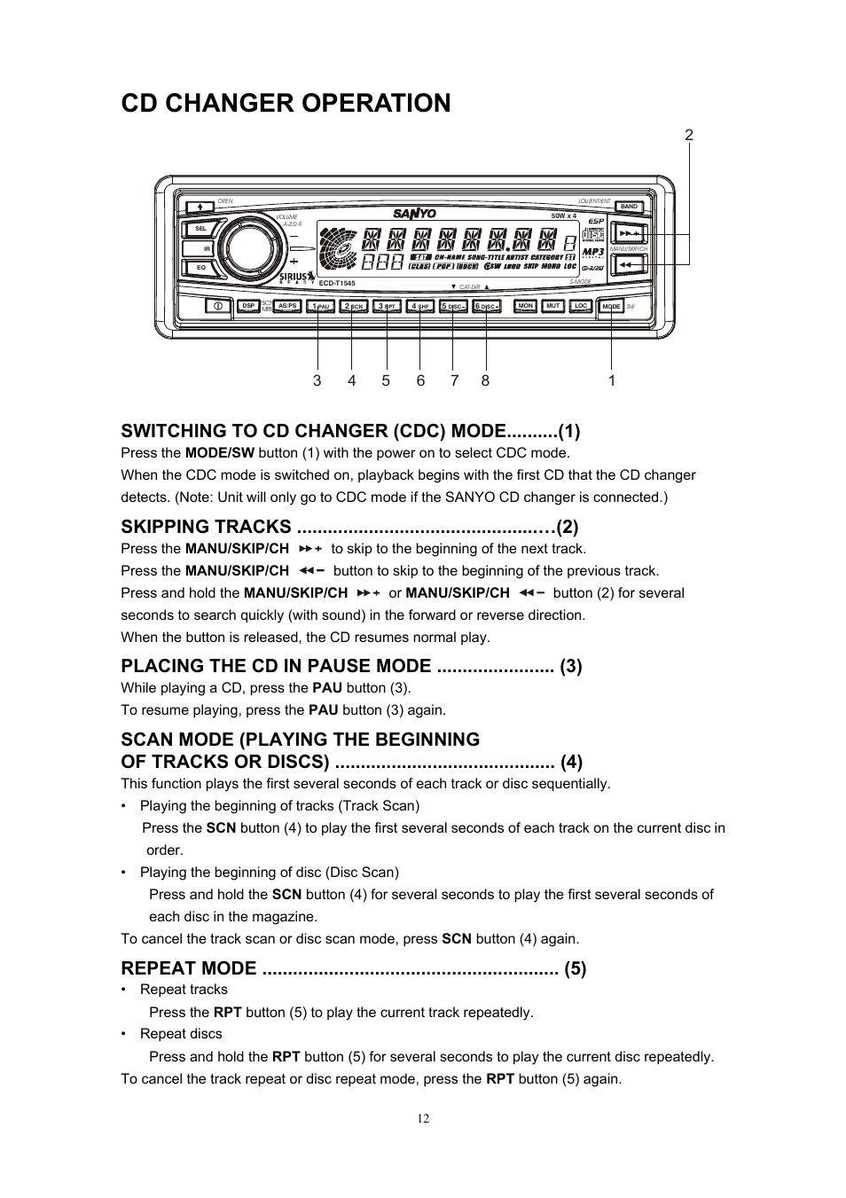 Cd changer operation, Switching to cd changer (cdc) mode..........(1) | Sanyo ECD-T1545 User Manual | Page 15 / 32