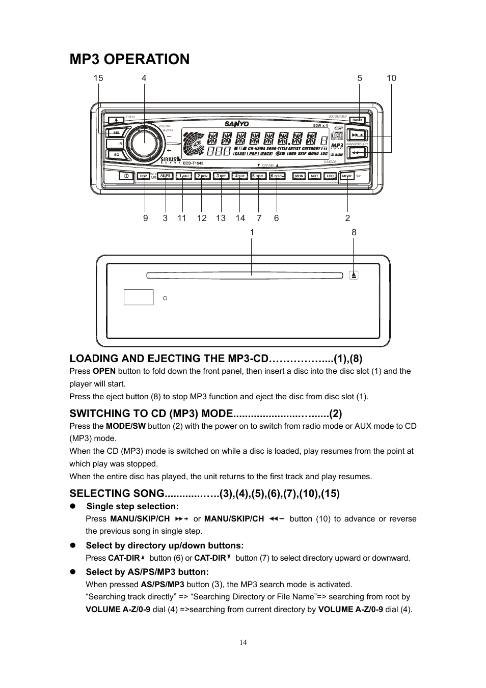 Mp3 operation, Loading and ejecting the mp3-cd……………....(1),(8), Single step selection | Select by directory up/down buttons, Select by as/ps/mp3 button, Press manu/skip/ch or manu/skip/ch, When pressed as/ps/mp3 button | Sanyo ECD-T1545 User Manual | Page 17 / 32