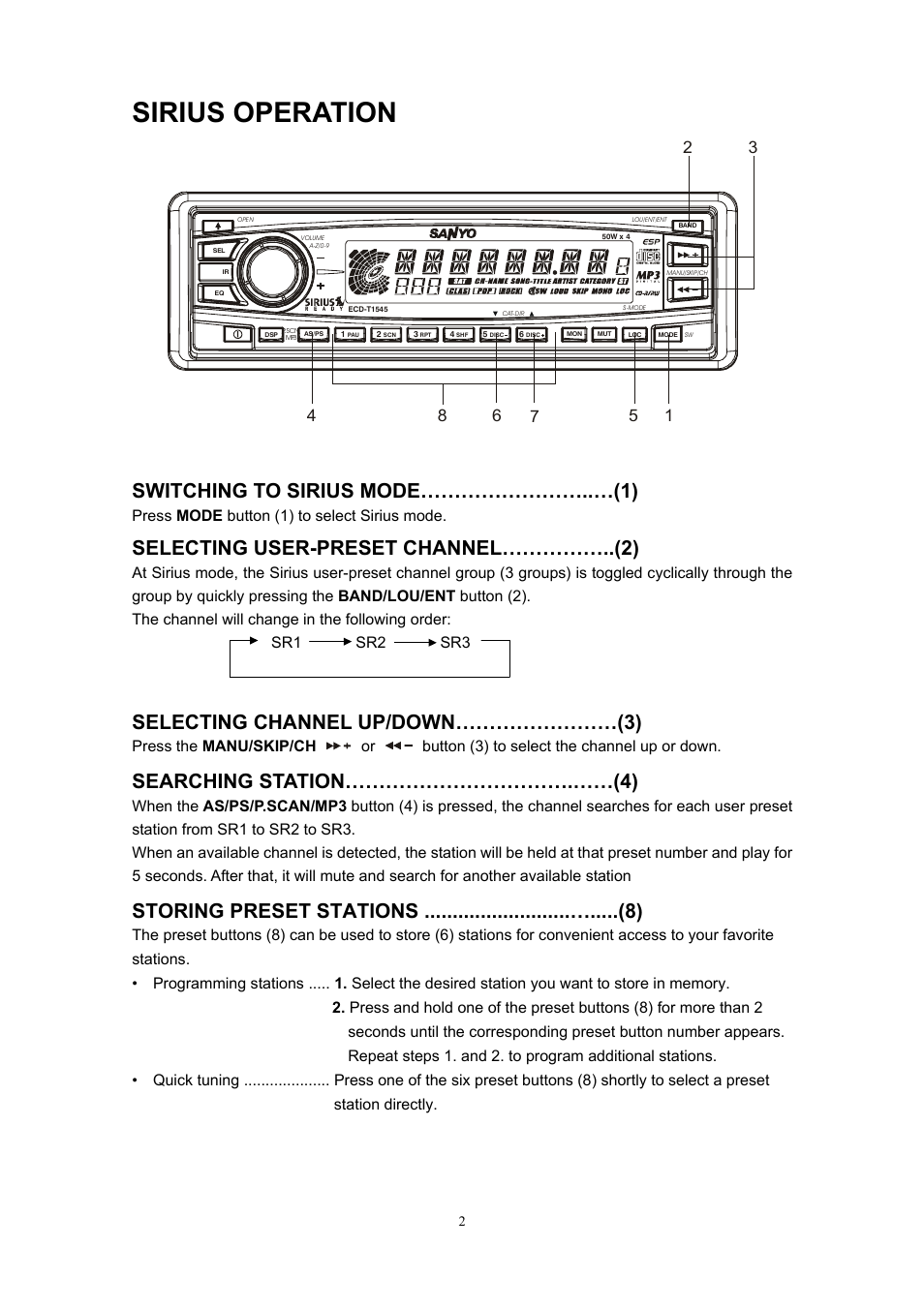 Sirius operation, Switching to sirius mode……………………..…(1), Selecting user-preset channel……………..(2) | Selecting channel up/down……………………(3), Searching station…………………………….……(4), Press mode button (1) to select sirius mode | Sanyo ECD-T1545 User Manual | Page 2 / 32