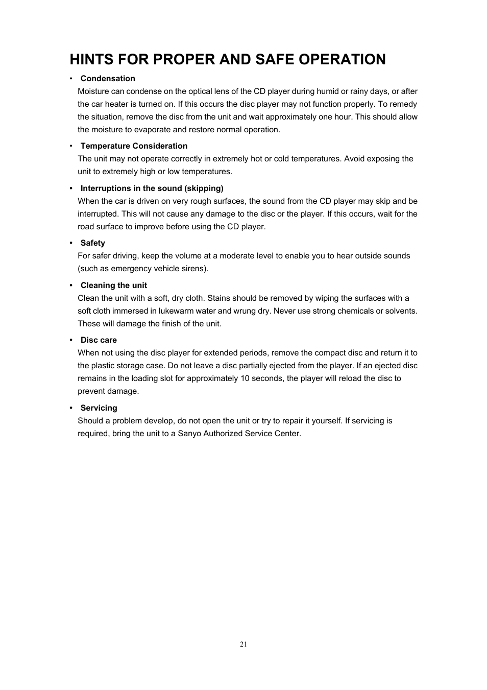 Hints for proper and safe operation | Sanyo ECD-T1545 User Manual | Page 24 / 32