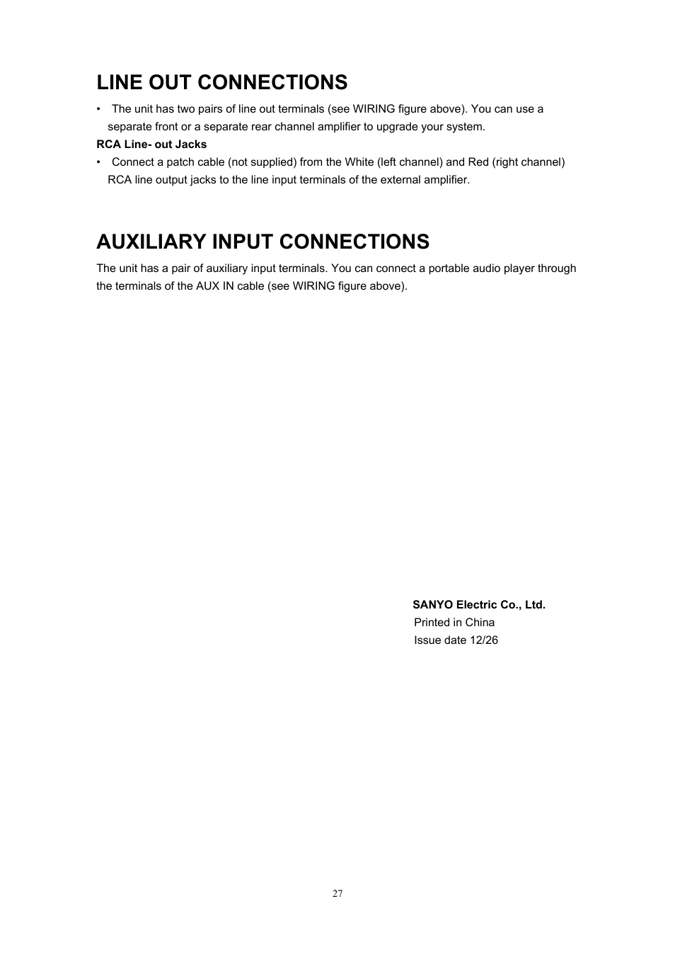 Line out connections, Auxiliary input connections | Sanyo ECD-T1545 User Manual | Page 30 / 32