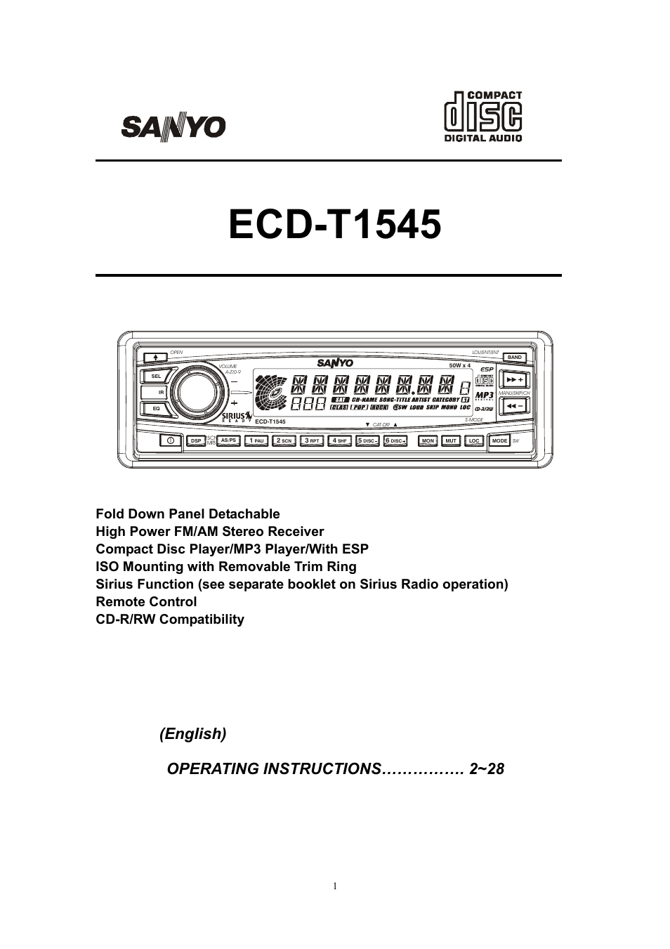 Ecd-t1545, English) operating instructions……………. 2~28 | Sanyo ECD-T1545 User Manual | Page 4 / 32