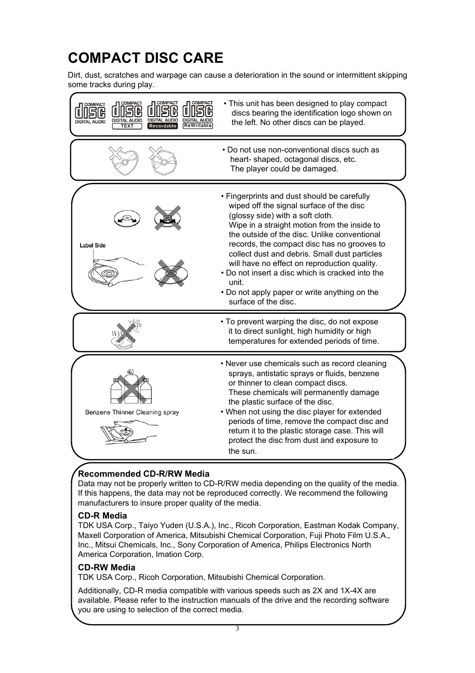 Compact disc care | Sanyo ECD-T1545 User Manual | Page 6 / 32