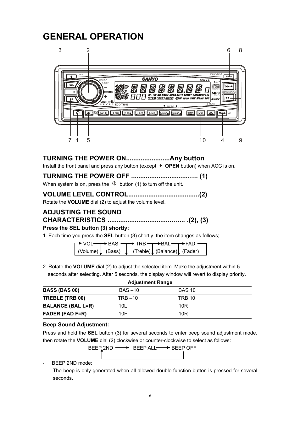 General operation, Press the sel button (3) shortly, Beep sound adjustment | Bas –10, 10r fader (fad f=r) | Sanyo ECD-T1545 User Manual | Page 9 / 32