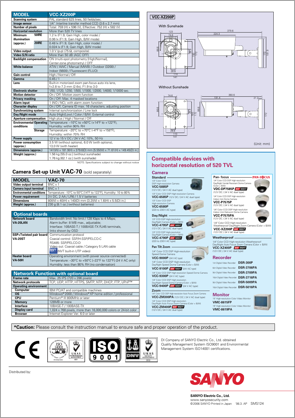 Vac-70, Camera set-up unit, Network function | Model vcc-xz200p, Recorder monitor, Camera, With optional board, Ptional boards, Vac-70 model | Sanyo VCC-XZ200P User Manual | Page 4 / 4