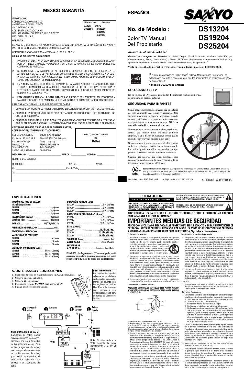 Eapanol, Importantes medidas de seguridad, No. de modelo | Color tv manual del propietario, Español, Mexico garantía, Video in l-audi o-r | Sanyo DS25204 User Manual | Page 3 / 6