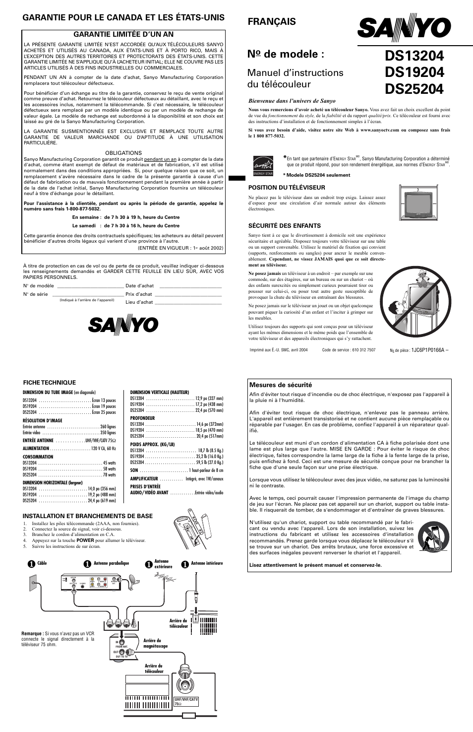 Francais, De modele, Manuel d’instructions du télécouleur | Français, Garantie pour le canada et les états-unis, Garantie limitée d’un an, Video in l-audio -r | Sanyo DS25204 User Manual | Page 5 / 6