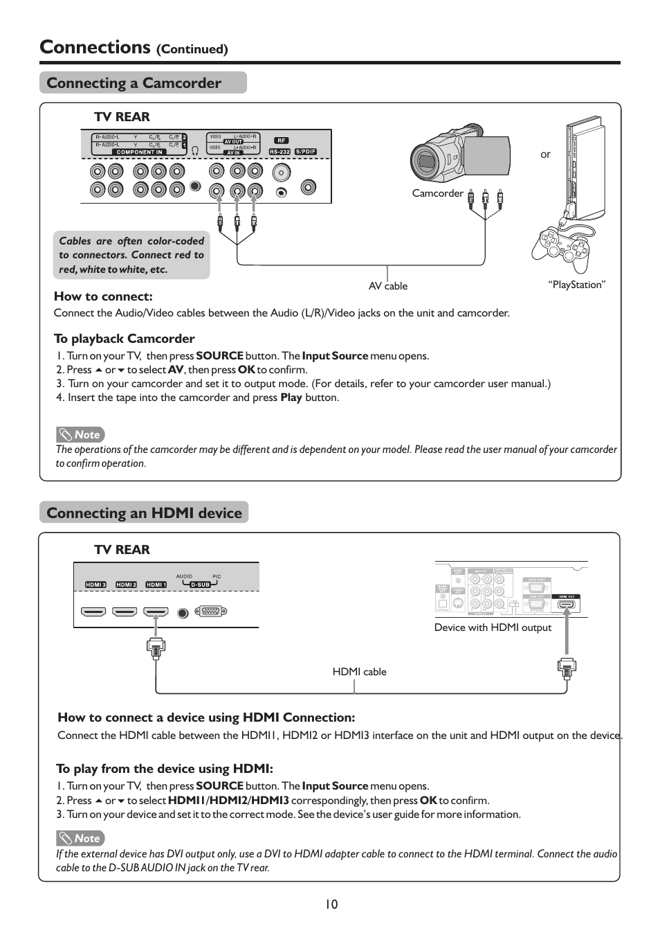 页 13, Connections, Connecting a camcorder | Connecting an hdmi device | Sanyo LCD-37XR9SDA User Manual | Page 13 / 41