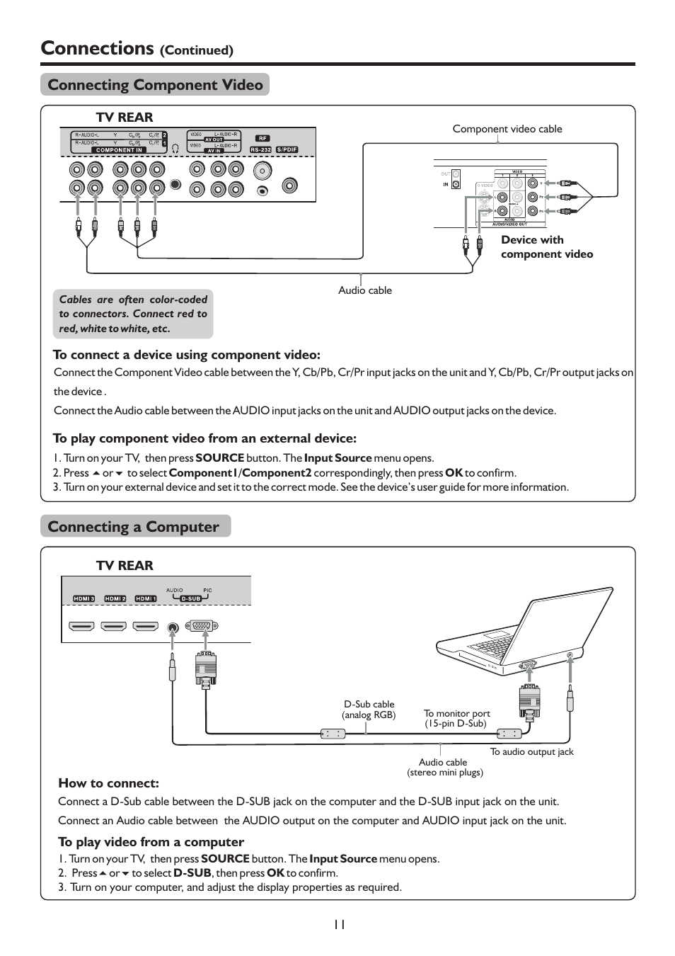 页 14, Connections, Connecting component video | Connecting a computer | Sanyo LCD-37XR9SDA User Manual | Page 14 / 41