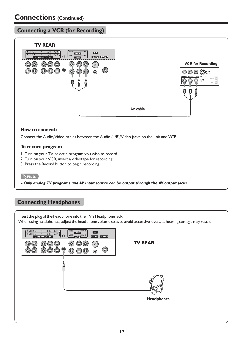 页 15, Connections, Connecting a vcr (for recording) | Connecting headphones | Sanyo LCD-37XR9SDA User Manual | Page 15 / 41