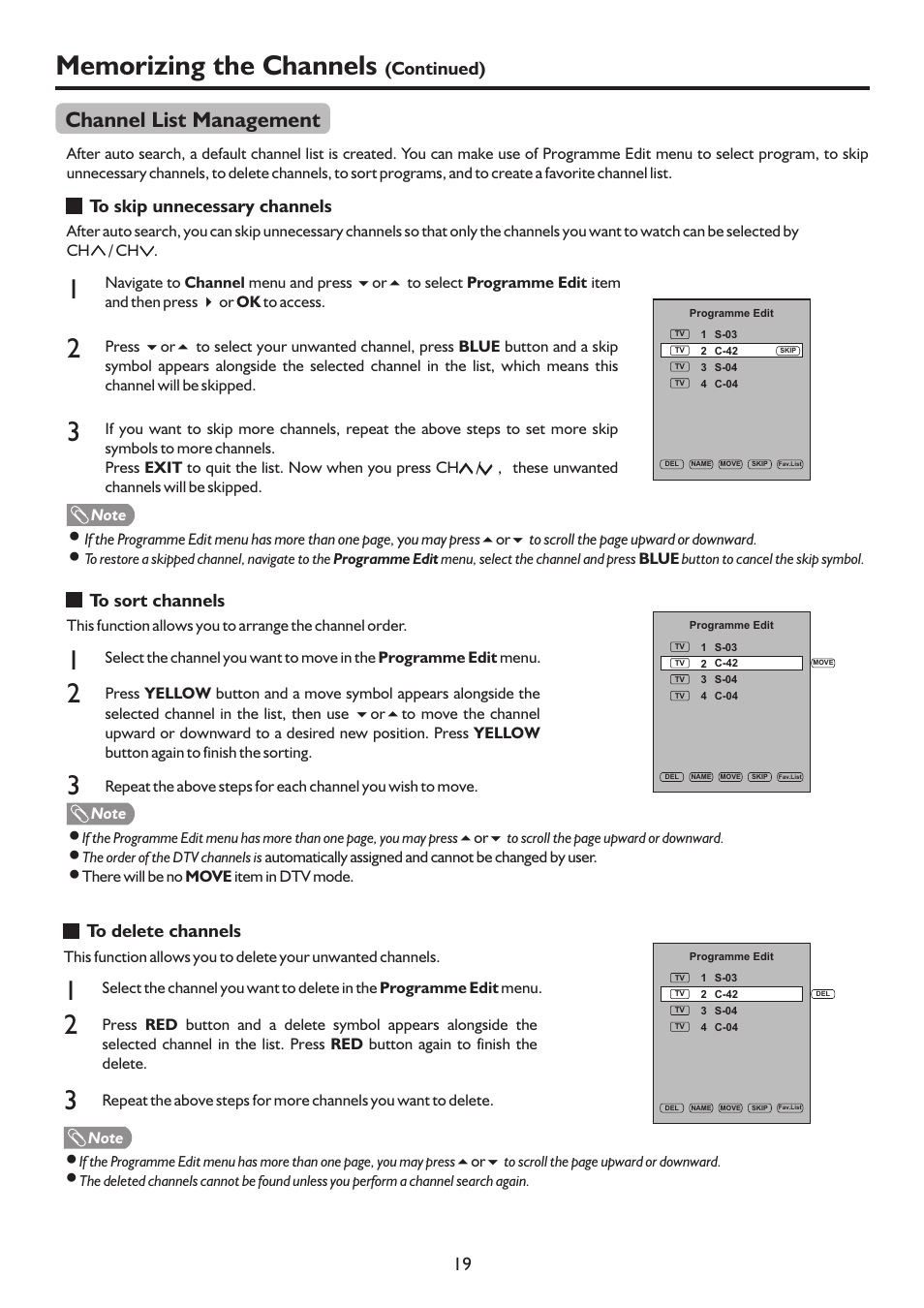 页 22, Channel list management, Continued) 19 | Sanyo LCD-37XR9SDA User Manual | Page 22 / 41