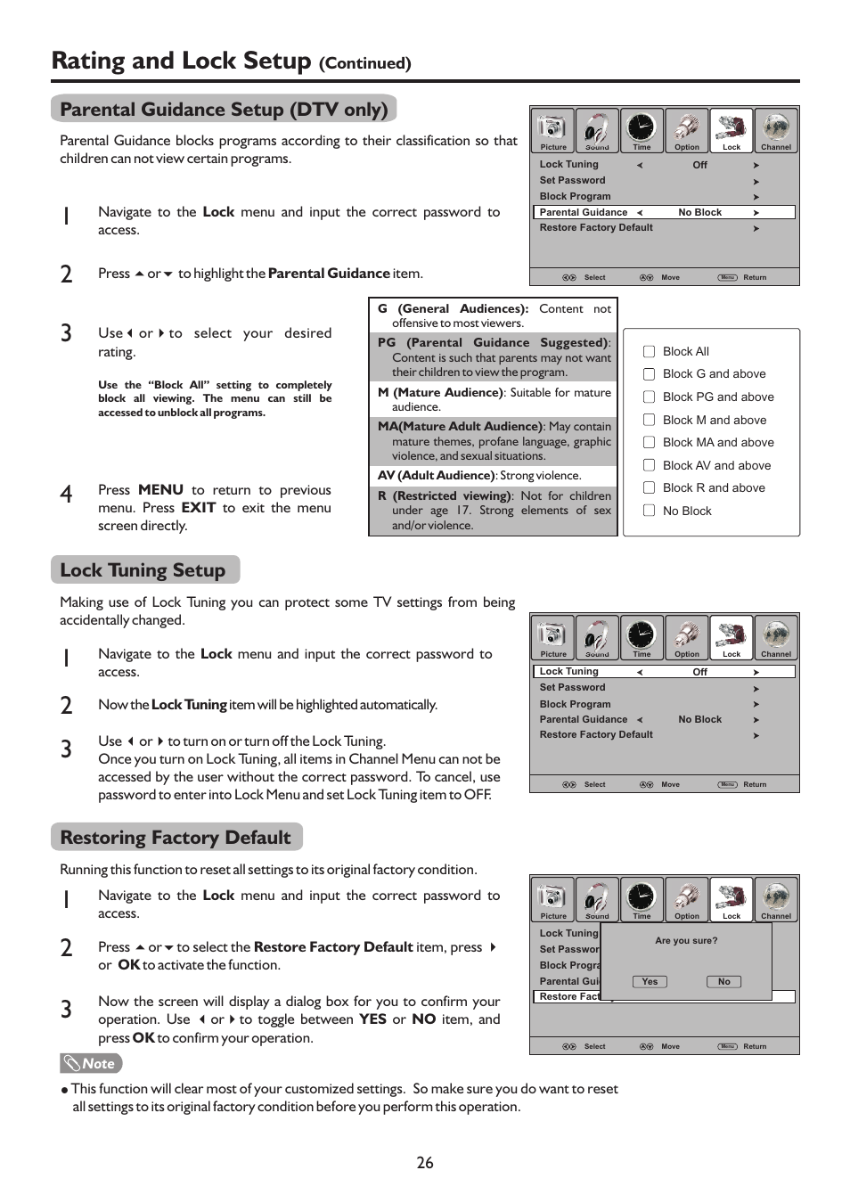 页 29, Rating and lock setup, Lock tuning setup | Parental guidance setup (dtv only), Restoring factory default, Continued) | Sanyo LCD-37XR9SDA User Manual | Page 29 / 41