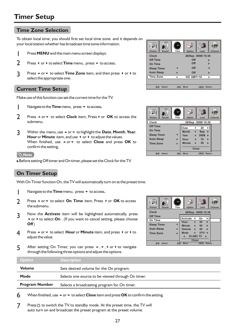 页 30, Timer setup, Time zone selection | Current time setup, On timer setup | Sanyo LCD-37XR9SDA User Manual | Page 30 / 41