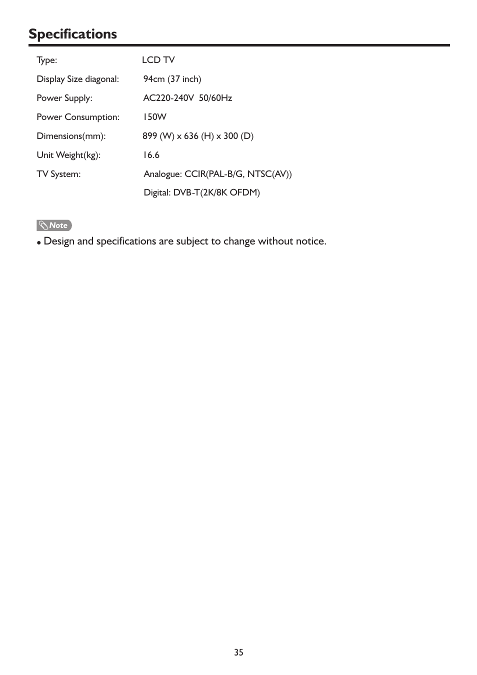 页 38, Specifications | Sanyo LCD-37XR9SDA User Manual | Page 38 / 41