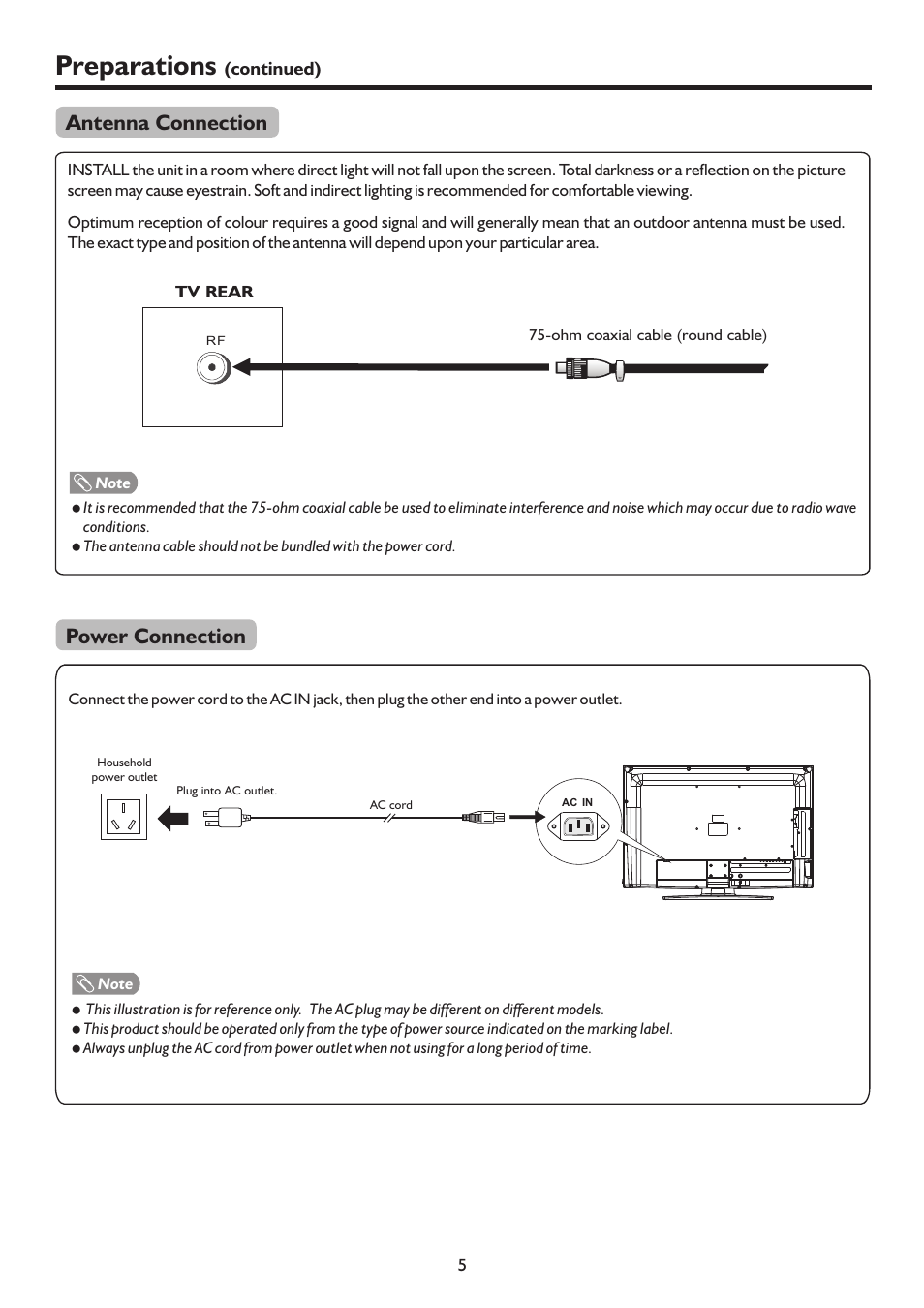 Preparations, Antenna connection, Power connection | Sanyo LCD-37XR9SDA User Manual | Page 8 / 41