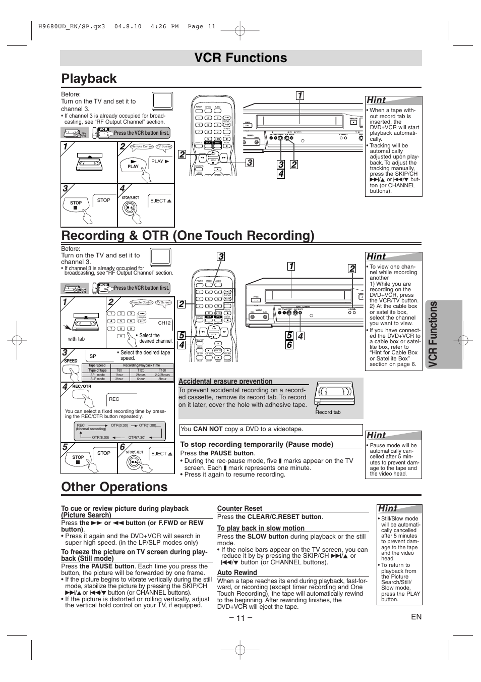 Recording & otr (one touch recording) playback, Other operations, Vcr functions | Hint, Accidental erasure prevention, Counter reset, Auto rewind | Sanyo DVW-7100a User Manual | Page 11 / 44