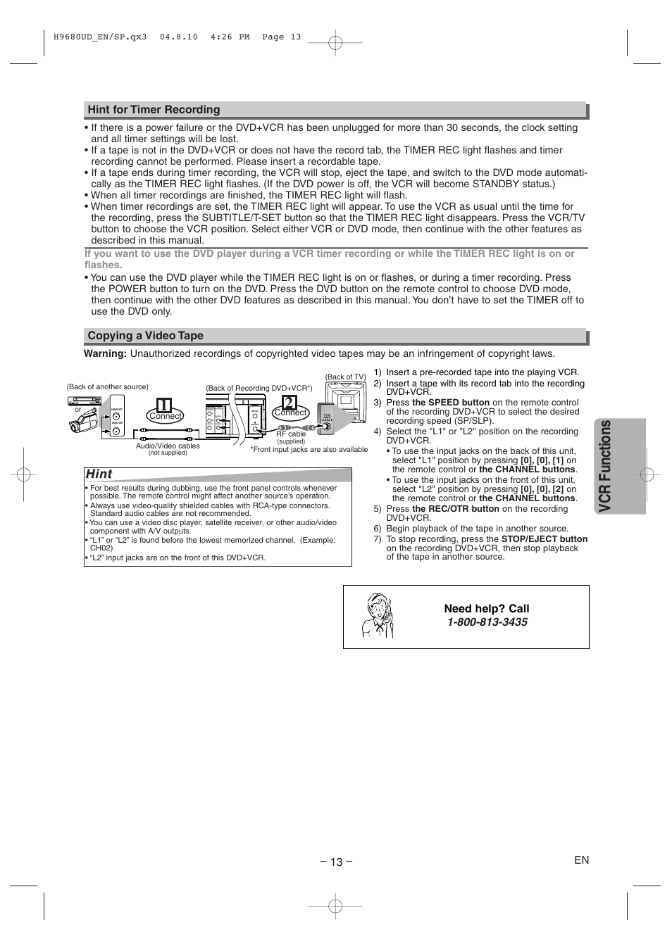 Vcr functions, Hint, Copying a video tape – 13 | Component video out | Sanyo DVW-7100a User Manual | Page 13 / 44