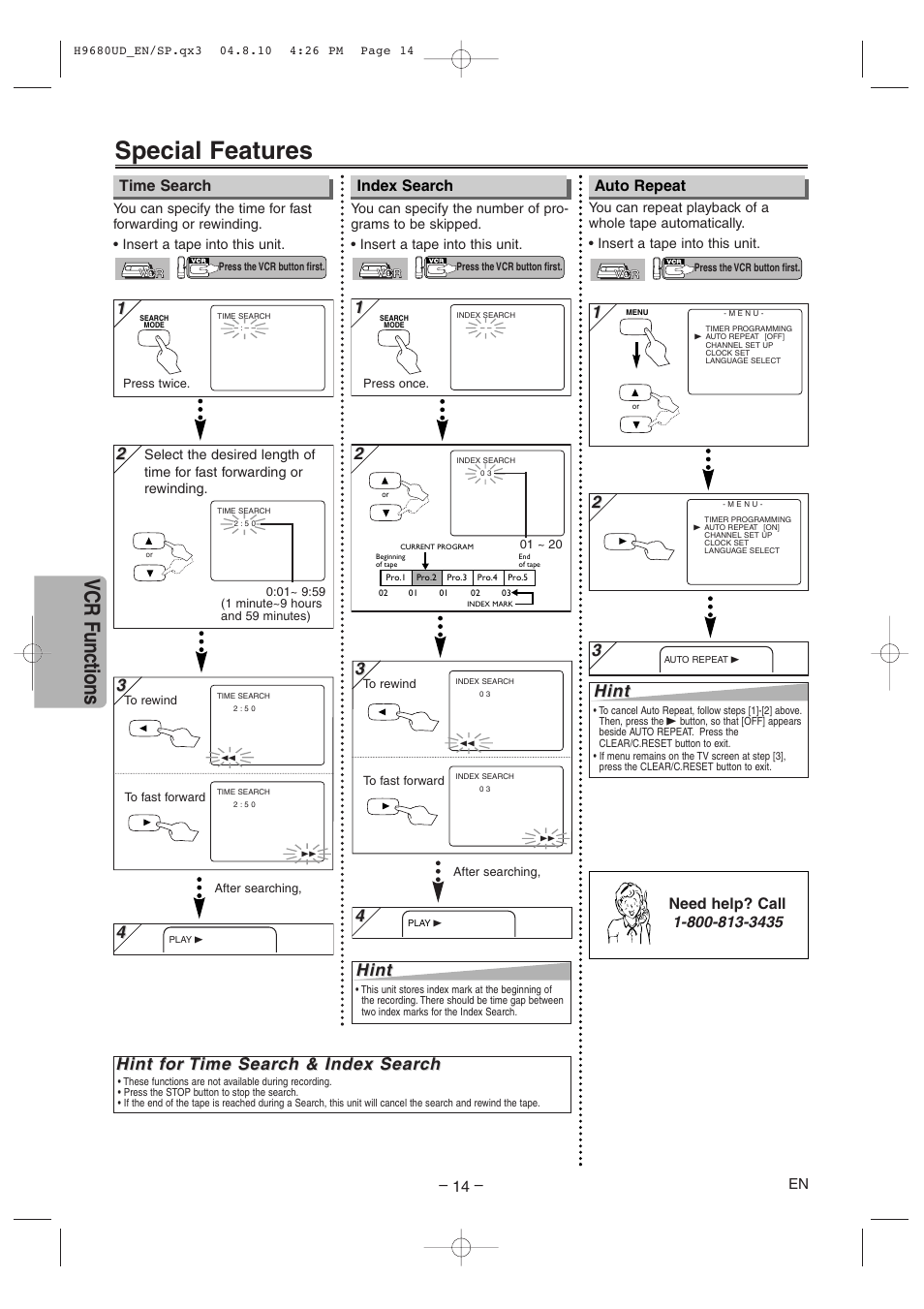 Special features, Vcr functions, Hint f | Hint, Time search index search auto repeat | Sanyo DVW-7100a User Manual | Page 14 / 44