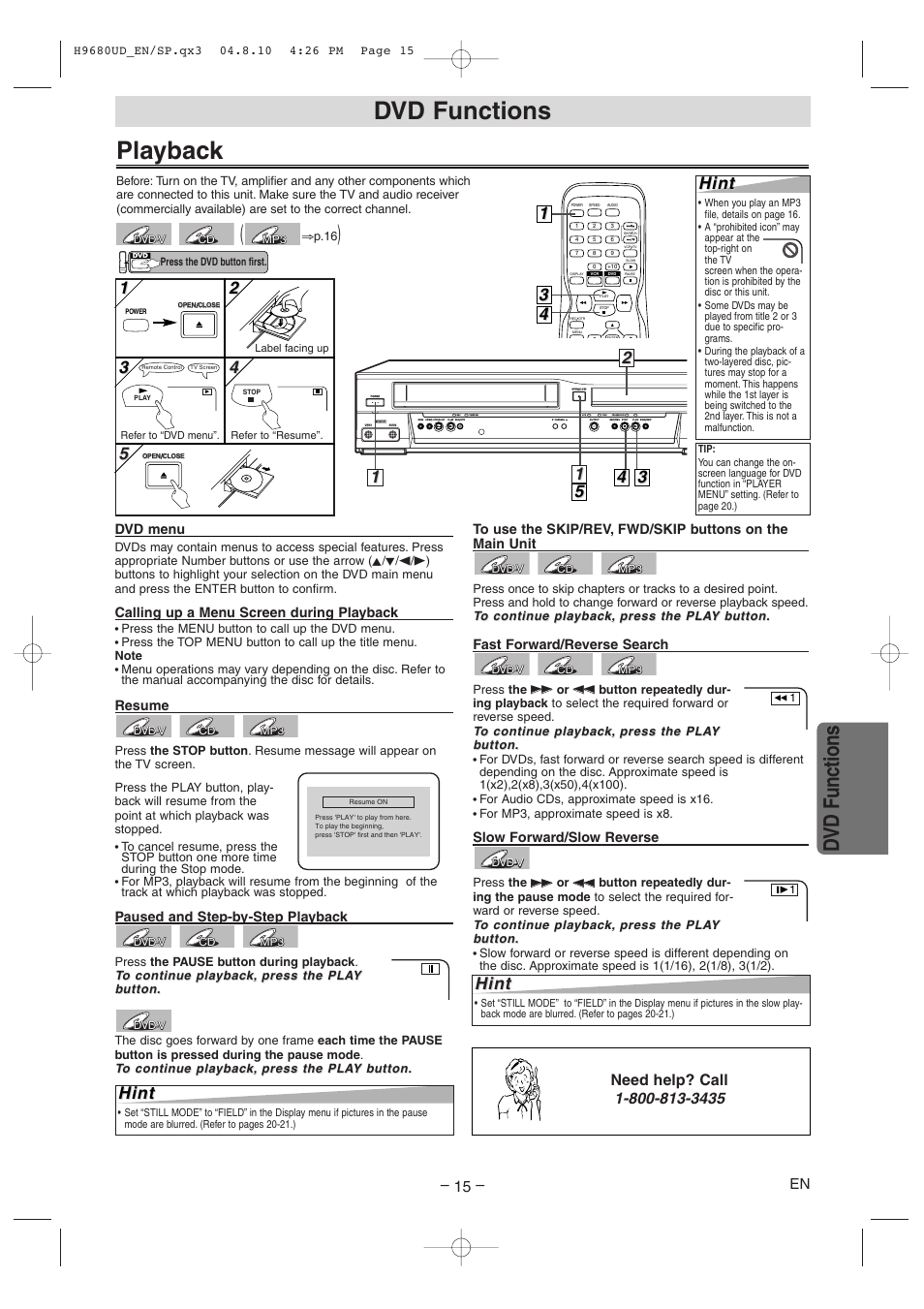 Playback, Dvd functions, 2hint hint | 15 5 hint hint, Hint, Fast forward/reverse search, Slow forward/slow reverse, Dvd menu, Calling up a menu screen during playback, Resume | Sanyo DVW-7100a User Manual | Page 15 / 44