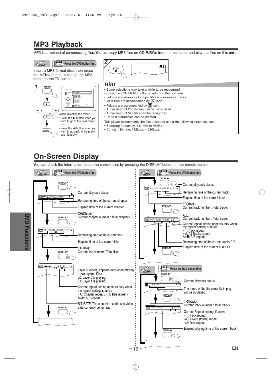 Mp3 playback, On-screen display, Dvd functions | Hint | Sanyo DVW-7100a User Manual | Page 16 / 44