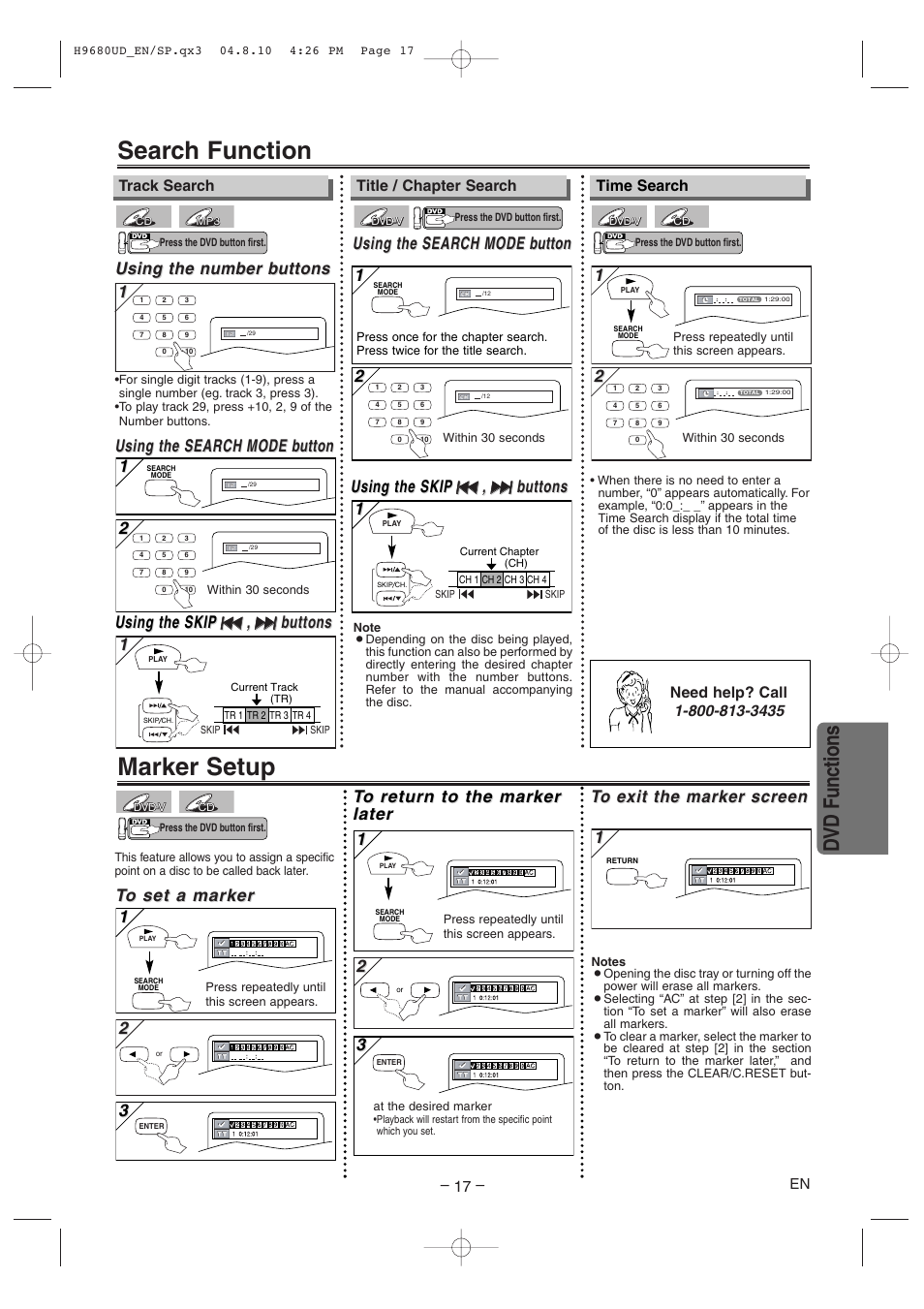 Search function, Marker setup, Dvd functions | Using the search, Using the search mode mode b b utton utton 1 1, Using the n, Using the n umber b umber b uttons uttons, Using the search mode mode b b utton utton, Using the skip | Sanyo DVW-7100a User Manual | Page 17 / 44