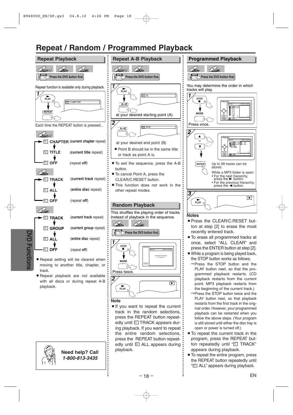 Repeat / random / programmed playback, Dvd functions, Repeat playback programmed playback | Repeat a-b playback, Random playback | Sanyo DVW-7100a User Manual | Page 18 / 44