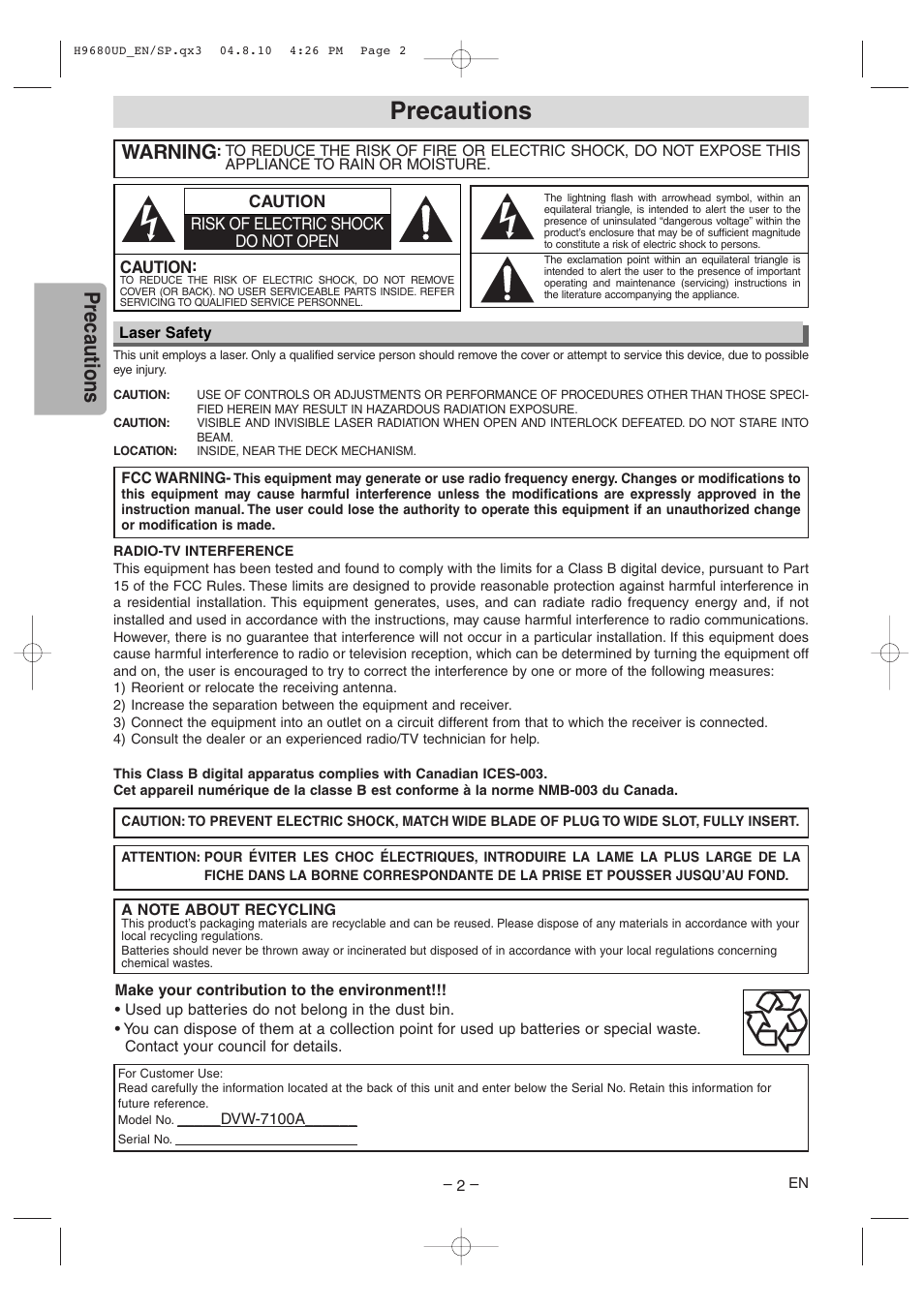 Precautions, Warning | Sanyo DVW-7100a User Manual | Page 2 / 44