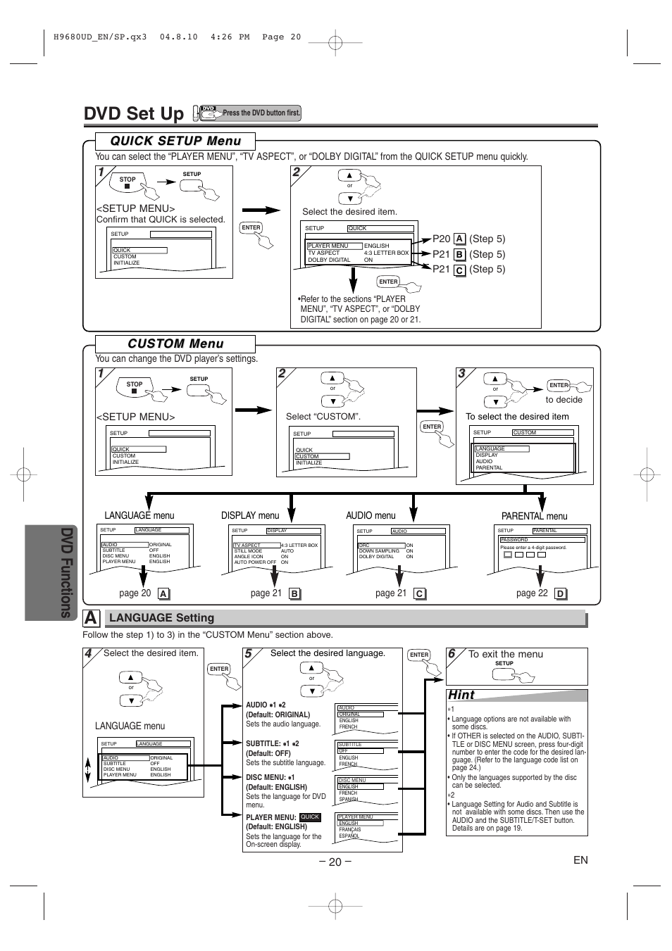 Dvd set up, Dvd functions, 1cust cust om men om men u u | Hint, Quick setup men uick setup men u u, Language setting | Sanyo DVW-7100a User Manual | Page 20 / 44