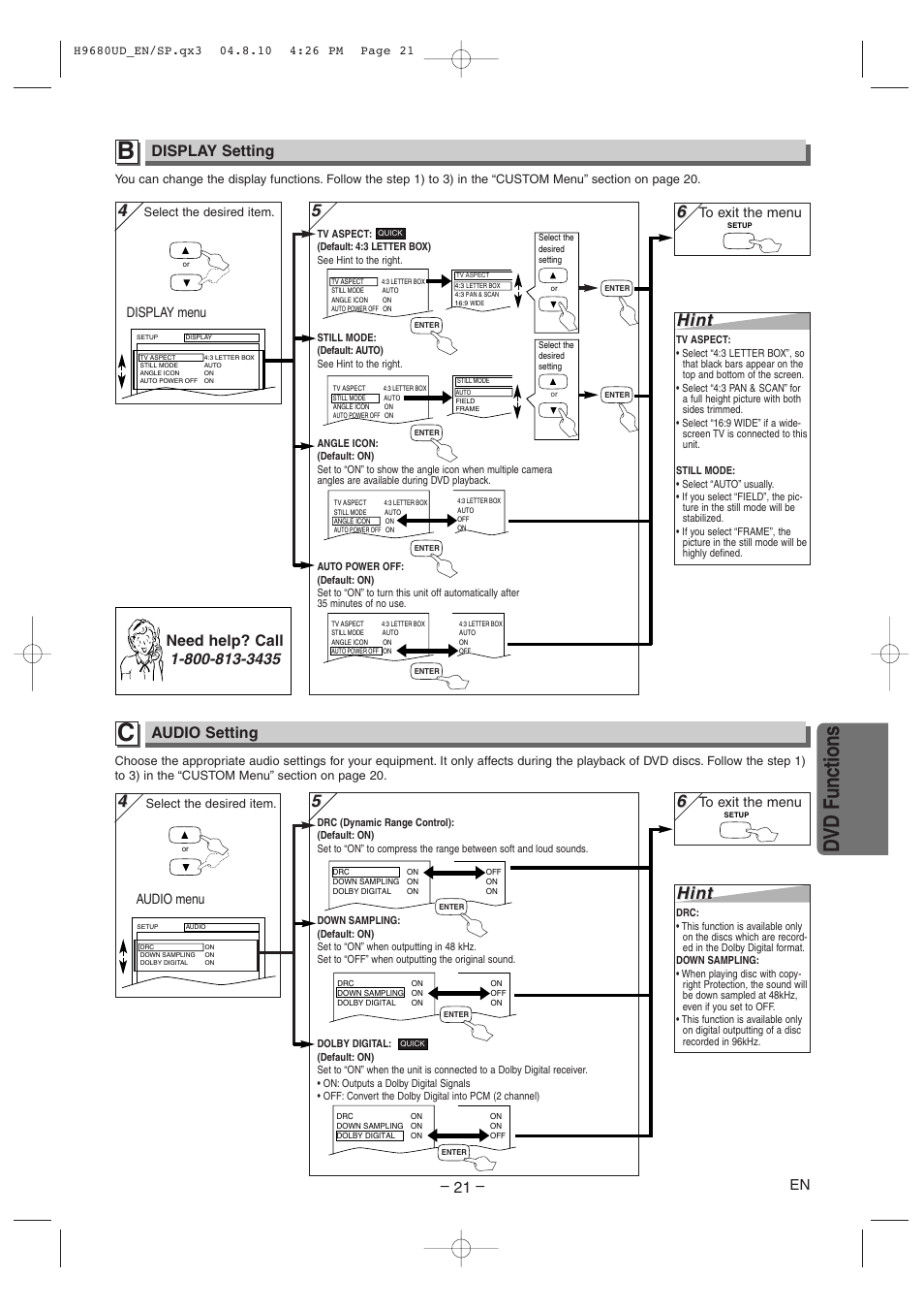 Dvd functions, Hint, Display setting | Audio setting | Sanyo DVW-7100a User Manual | Page 21 / 44