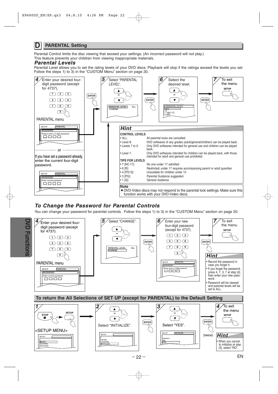 Dvd functions, Hint, Parental arental le le vels vels | Parental setting | Sanyo DVW-7100a User Manual | Page 22 / 44