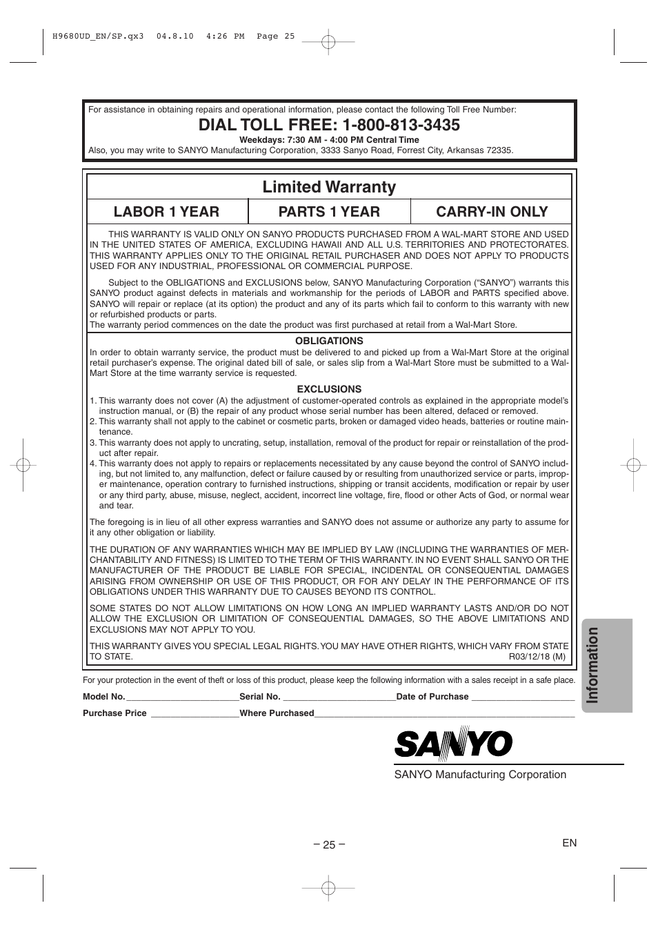 Limited warranty, Inf ormation, Labor 1 year parts 1 year carry-in only | Sanyo DVW-7100a User Manual | Page 25 / 44