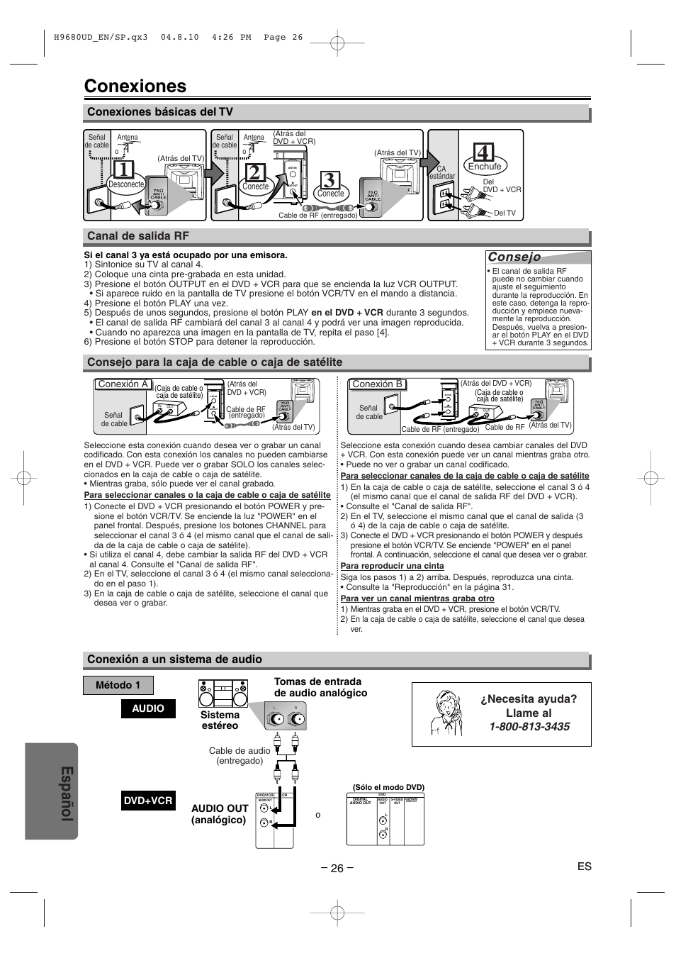 Conexiones, Español, Consejo | Conexiones básicas del tv, Canal de salida rf, Consejo para la caja de cable o caja de satélite, Conexión a un sistema de audio | Sanyo DVW-7100a User Manual | Page 26 / 44