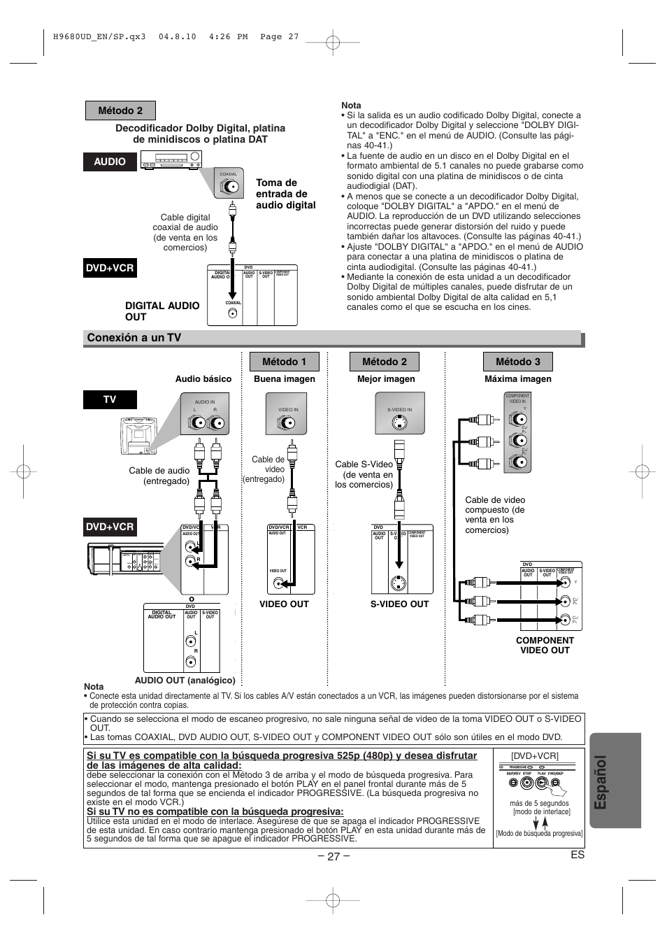 Español, Conexión a un tv, Ycb/ pb cr/ pr | Tv método 1, Método 2 método 3, Dvd+vcr, Audio dvd+vcr | Sanyo DVW-7100a User Manual | Page 27 / 44