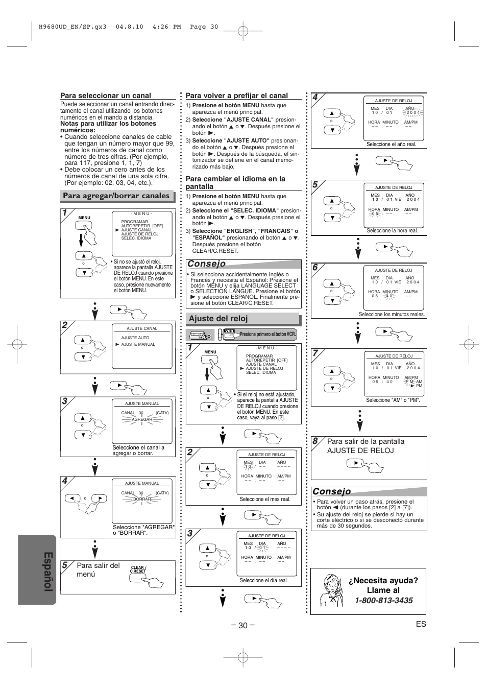 Español, Consejo, Ajuste del reloj | Para agregar/borrar canales | Sanyo DVW-7100a User Manual | Page 30 / 44