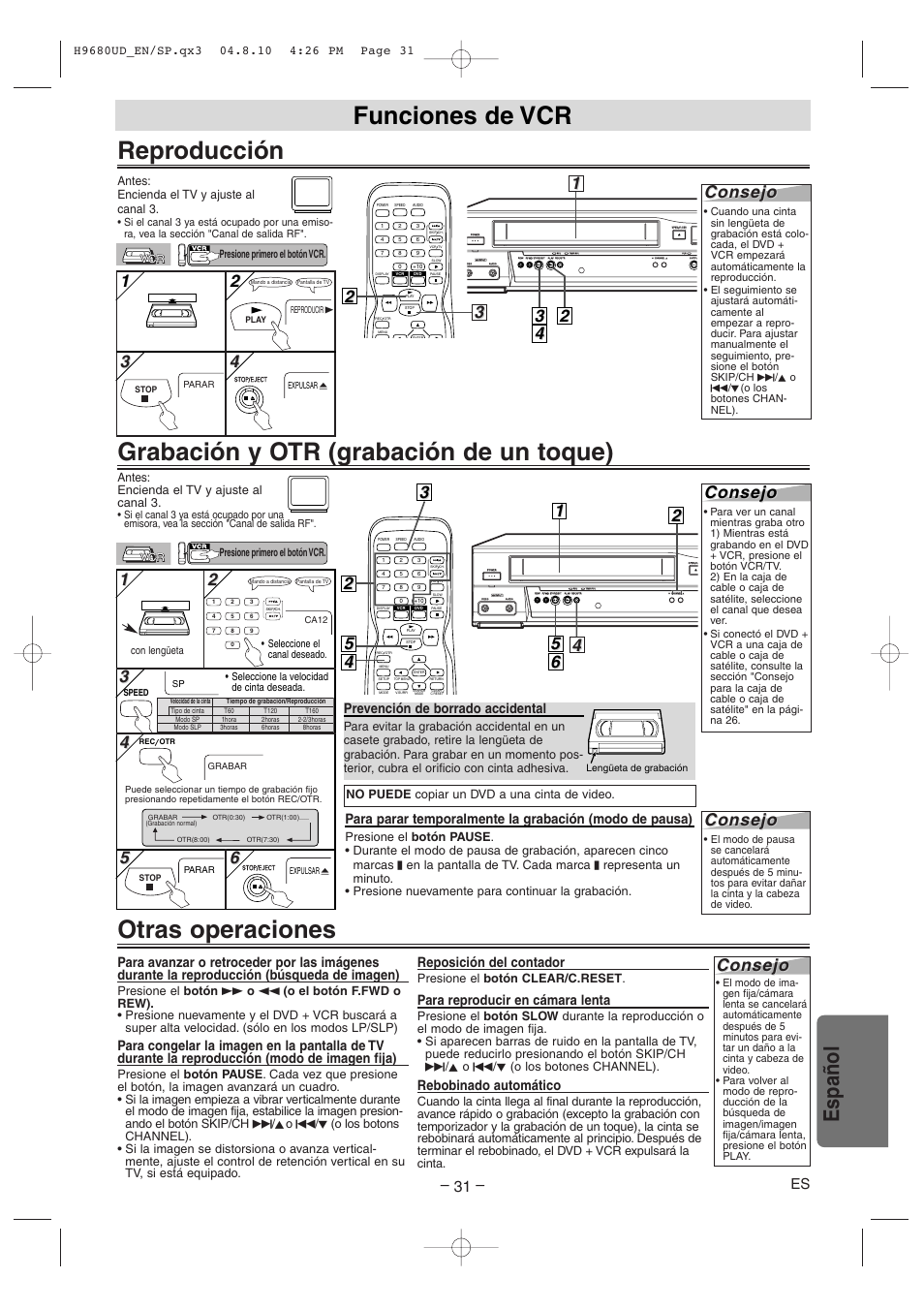 Funciones de vcr, Otras operaciones, Español | Consejo, Prevención de borrado accidental, Reposición del contador, Para reproducir en cámara lenta, Rebobinado automático | Sanyo DVW-7100a User Manual | Page 31 / 44