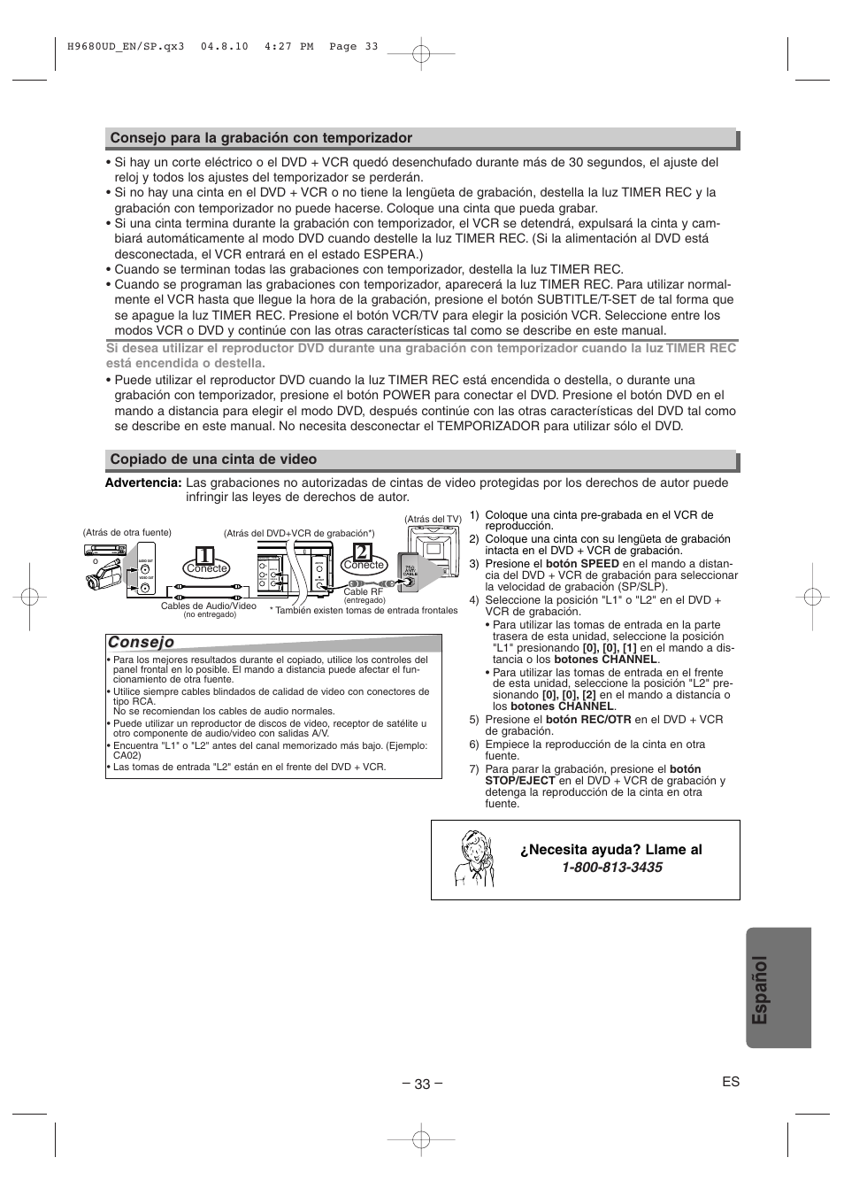 Español, Consejo, Copiado de una cinta de video | Component video out | Sanyo DVW-7100a User Manual | Page 33 / 44