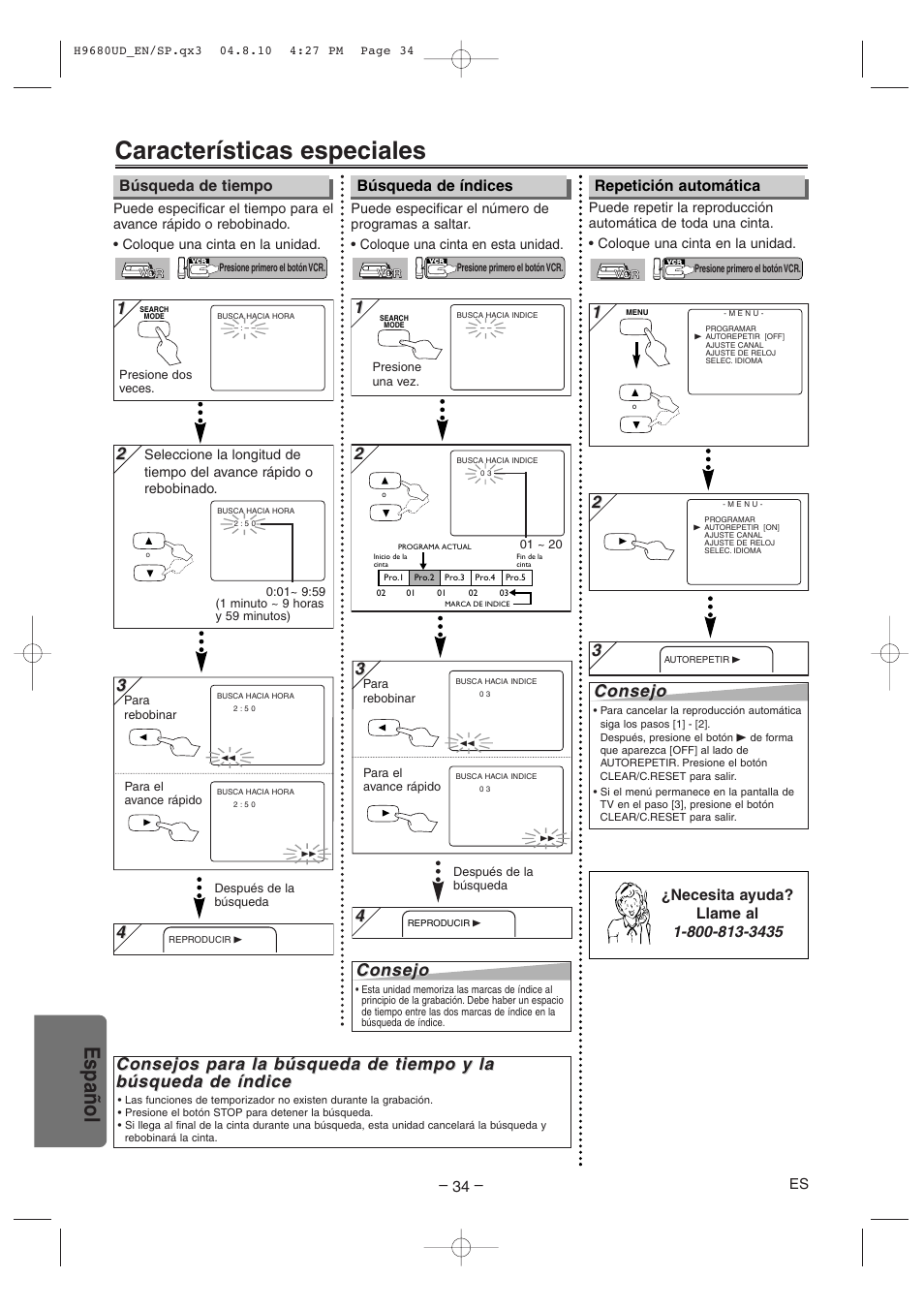 Características especiales, Español, Consejos para la b | Consejo | Sanyo DVW-7100a User Manual | Page 34 / 44