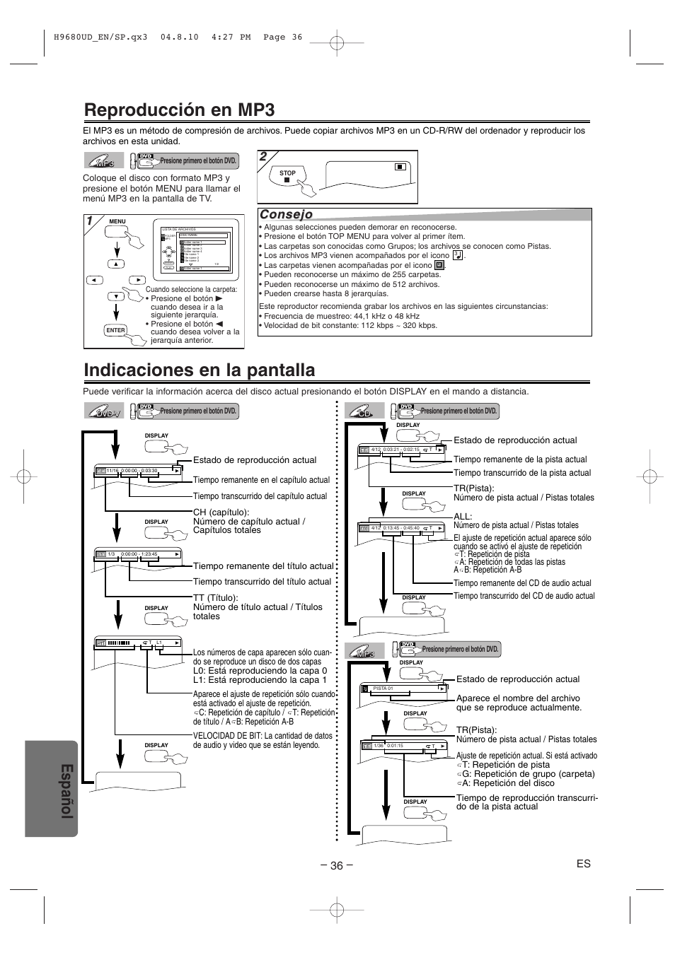 Reproducción en mp3, Indicaciones en la pantalla, Español | Consejo | Sanyo DVW-7100a User Manual | Page 36 / 44