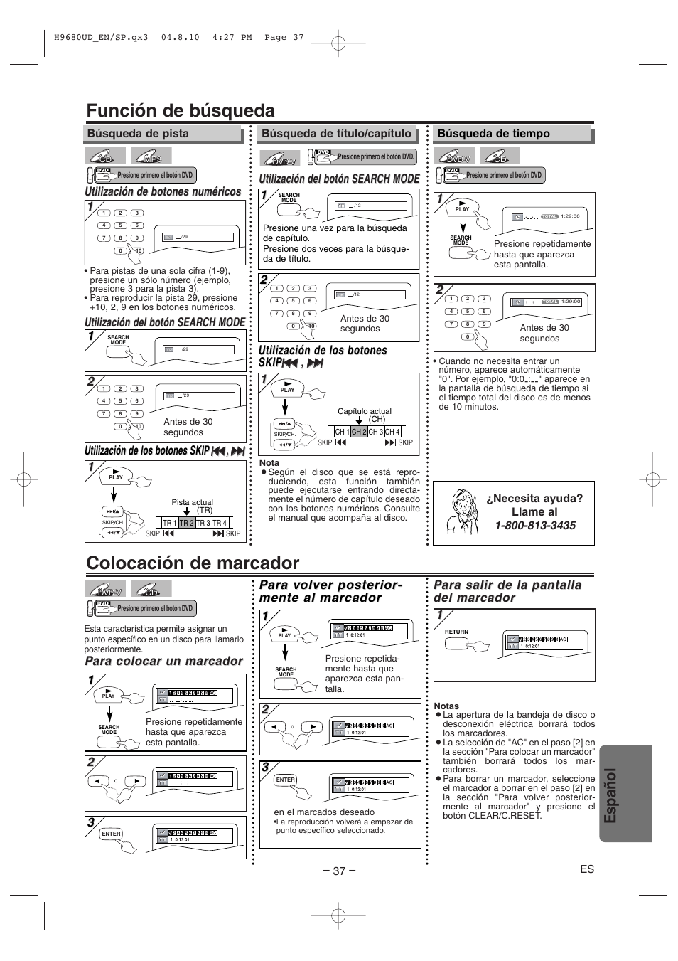 Función de búsqueda, Colocación de marcador, Español | Para colocar un mar ara colocar un mar cador cador, Utilización del botón search mode, Utilización del botón search mode 1 1, Utilización de botones n, Utilización de botones n uméricos uméricos, Utilización de los botones skip, Utilización de los botones | Sanyo DVW-7100a User Manual | Page 37 / 44