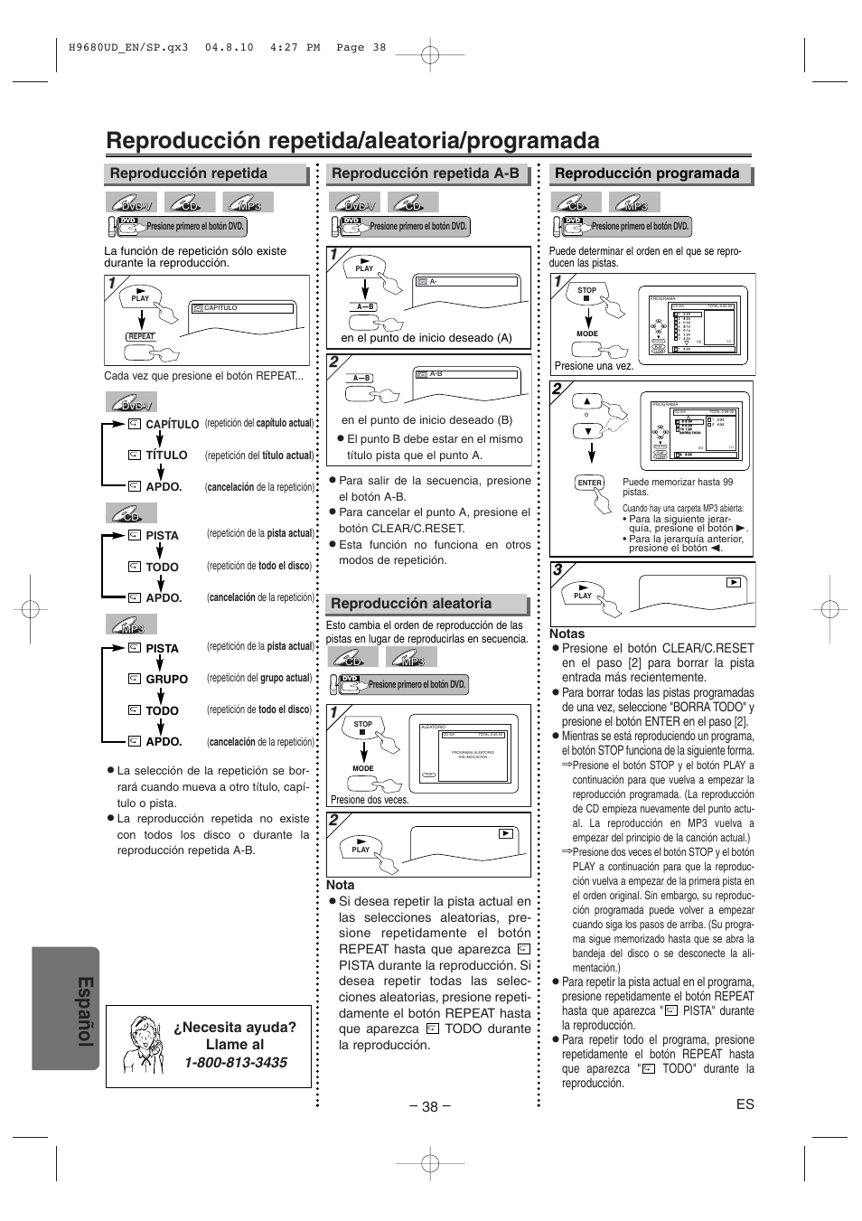 Reproducción repetida/aleatoria/programada, Español, Reproducción repetida reproducción programada | Reproducción repetida a-b, Reproducción aleatoria | Sanyo DVW-7100a User Manual | Page 38 / 44